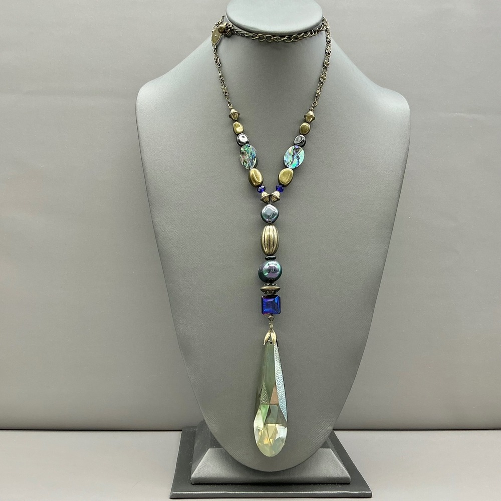 Chico's Necklace Crystal Teardrop Pendant Abalone Bead Bronze Tone Adjustable
